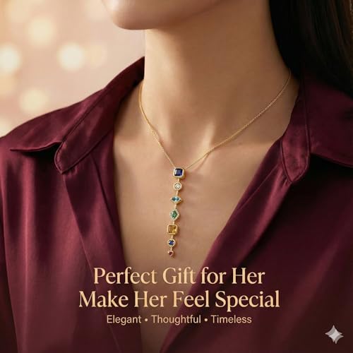 Image of Anti Tarnish Pendant Necklace for Women | 7 Stone Multi-Color Elegant Multiple Stone Chain for Women | Luxury Gold Plated Locket