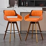 VipDesk Swivel Bar Stools Set of 2, Walnut Counter Height Bar Stools with Back and Arms, 26' Modern Faux Leather Upholstered Bar Chairs for Kitchen Island Bar - Orange