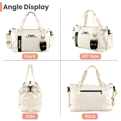 Image of PALAY Travel Bag Beige Waterproof Nylon Duffle Bag for Gym with Cat Charm | Large Capacity, Water-resistant Fabric, Letter Cat Ear Design, Removable Strap, Carry on Tote for Dance, Workout, Travelling
