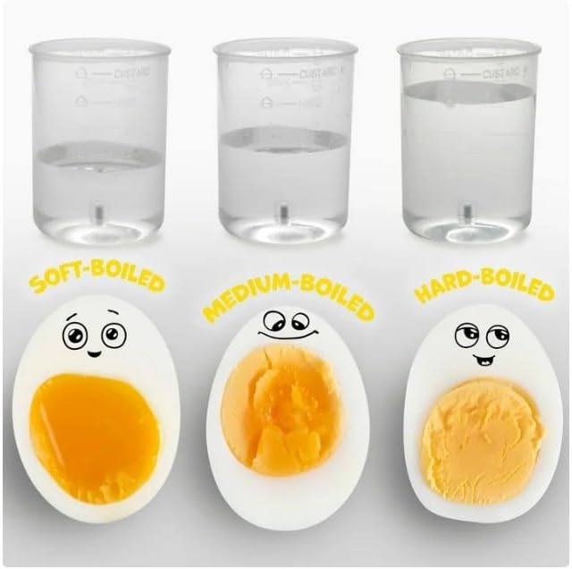 Measuring cup with water levels for soft, medium, and hard-boiled eggs