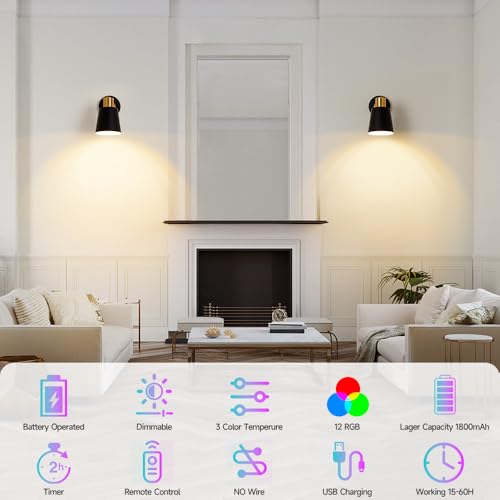 Image of 2 Pack Black Rechargeable Battery Operated Wall Sconces, Vintage Wireless Battery Powered Wall Lights with Remote, 15 RGB Dimmable, Cordless Wall Decor Lamp Indoor for Bedroom Living Room Hallway