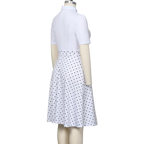Image of CAMDOM Church Clergy Dress for Women Short Sleeve Polka Dot A Line Elegant Dress with Tab Collar