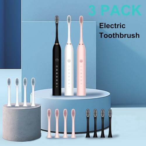 Image of 3 Pack Electric Toothbrush with 6 Modes, Rechargeable Toothbrushes with 12 Brush Head, Fast Charge 2 Min and 30s Timer Toothbrush