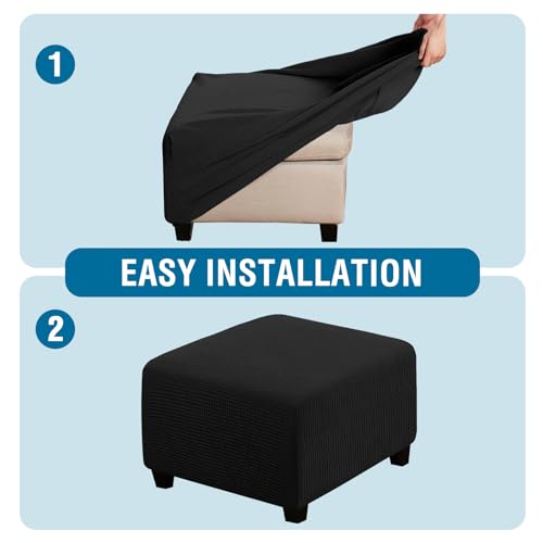 Image of H.VERSAILTEX Square Ottoman Covers Ottoman Slipcovers Folding Storage Stool Furniture Protector Form Fit with Elastic Bottom, Stretch High Spandex Small Checks Jacquard Fabric(Large,Black)