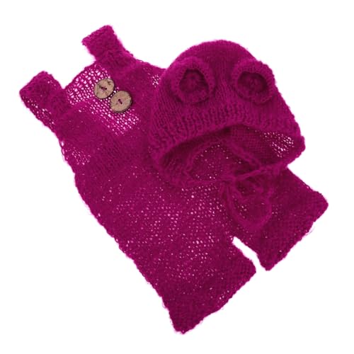 TINEASUR 1set Fashionable Newborn Photography Costume Bear Ear Hat and Lovely Suspenders Soft Breathable Hand-woven Outfit for Adorable Photo Sessions