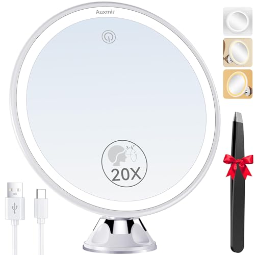 Auxmir Espejo Maquillaje con Luz LED, 20X Espejo Aumento con Ventosa, USB Recargable, 360 Giratorio, 3 Colores de Luz, Inalámbrico para Pared Baño Viaje, Afeitado Depilación Cejas, Redondo