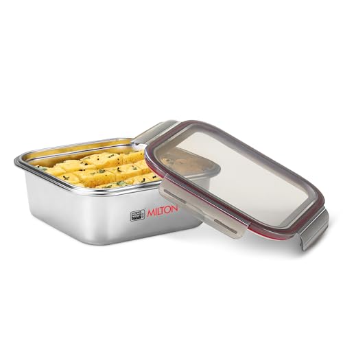 Image of MILTON New Modulo Steel Square 2500 Container with lock lid|Airtight & Leakproof|Microwave & Oven safe| Light Weight | School, Office or Picnic use, 2400 ml, Silver