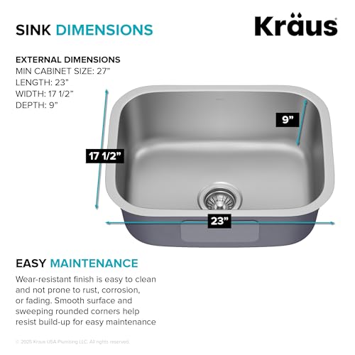 Kraus 23 Inch Stainless Steel Kitchen Sink, Durable 18 Gauge Single Bowl Kitchen Sinks Undermount, KBU12 by Kraus - Image 7