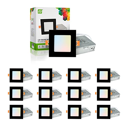 ASD Ultra Thin Square LED Recessed Lighting 4 Inch, 3000K-4000K-5000K Color Temperature Options 9W 630Lm Dimmable LED Downlight, Canless LED Recessed Light, IC & Damp Rated, ETL,Energy Star (12-Pack)
