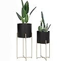Sinolodo Mid Century Planter with Gold Plant Stand, 3 pcs Modern Planters for Indoor Plants, Metal Floor Planter Set with Foldable Stand(Pack of 3)