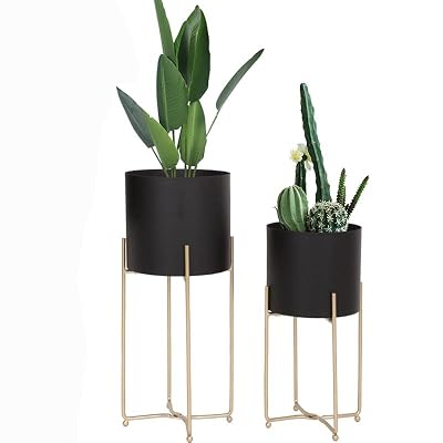 Sinolodo Mid Century Planter with Gold Plant Stand, 3 pcs Modern Planters for Indoor Plants, Metal Floor Planter Set with Foldable Stand(Pack of 3)