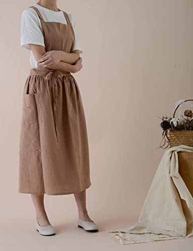 Losofar Cotton Pleated Apron Retro Waterdrop Proof Garden Cleaning Pinafore Dress (Brown, 103Cmx86Cm) #TOP5