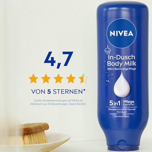 NIVEA In-Dusch Body Milk (400 ml), Körpercreme mit Mandel-Öl und wasseraktivierter 5in1 Pflege Formel, feuchtigkeitsspendende Body Lotion für die Dusche 5