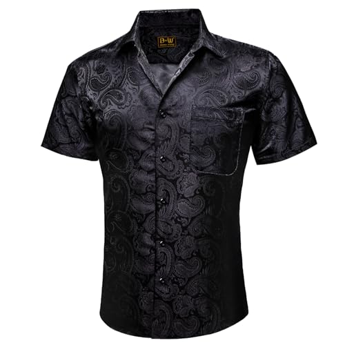 Barry.Wang Men's Silk Shirts Short Sleeve Western Designer Button Down Paisley Shirt Casual Beach Summer Party Mexico3