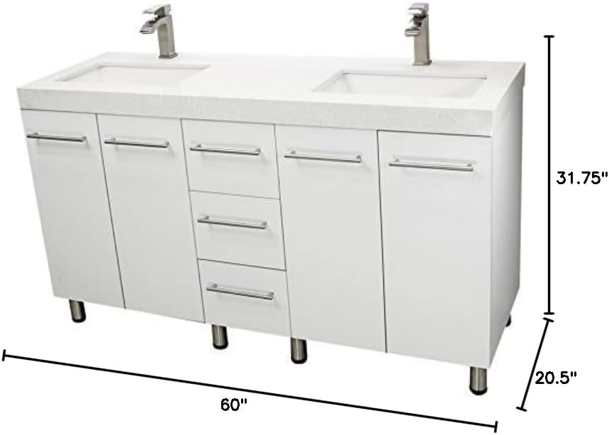 60" Freestanding Bathroom Vanity, White Texture Embossed. White Under Mount Stone Countertop