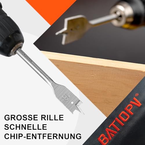BATIOPV Spatenbohrer-Set Holz, 9-teilig, Ø 10–32 mm, flache Holzbohrer aus legiertem Stahl, 1/4 Zoll Schnellwechsel-Sechskantschaft, ideal für Holzarbeiten, mit Nylon-Aufbewahrungstasche