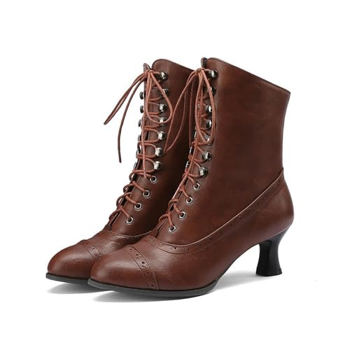Image of Victorian Boots for Women Vintage Lace up Ankle Boots Round Toe Kitten Heel Booties with Side Zipper