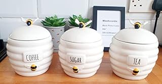 WiseAccordio® Set of 3 Beehive Honeycomb Ceramic Canister|Tea Coffee Sugar Jar Kitchen Storage Set |Silicone sealed lid |Charming hand-painted bees & sign