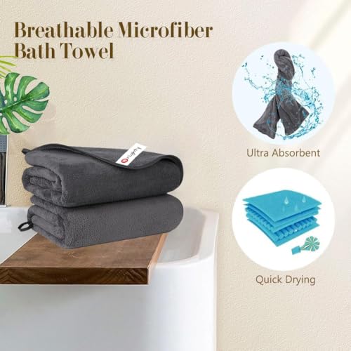 Orighty Badetuch-Set, 2 Stück, 68,6 x 137,2 cm, Weiches Badetuch-Set, Hochsaugfähige Mikrofaser-Handtücher für Körper, Schnell Trocknend, Mikrofaser-Badetücher für Sport, Yoga, Spa, Fitness – Grau