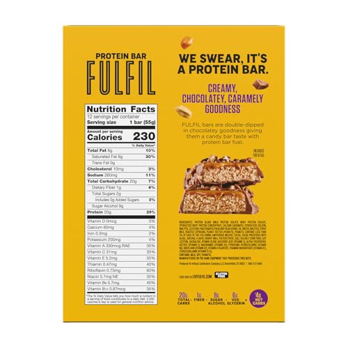 Image of FULFIL Protein Bars, Chocolate Peanut Caramel Flavored, Gluten Free with 20g Protein, Pantry Staples, 12 Count