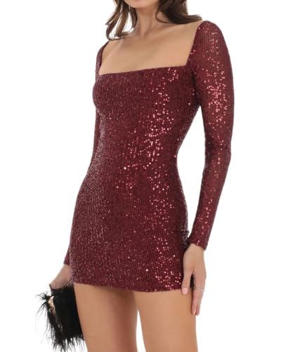 Women Sexy Long Sleeve Sparkly Sequin Bodycon Mini Dress Square Neck See Through Backless Self Tie Up Short Dress4