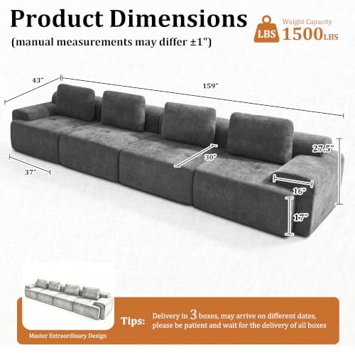 Image of 159 inch Oversized Boneless Couch, Comfort Cloud Sectional Couches for Living Room, Modular Sofa High Back & Extra Deep Seat, No Assembly, Soft Chenille Fabric (Dark Grey, 159 inch-(4+0))