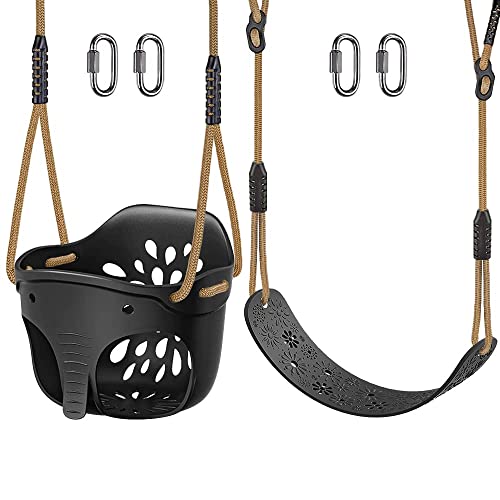 SELEWARE Toddler Swing Set Accessories, High Back Full Bucket Swing Seats with Adjustable Rope and 4 Locking Carabiners, Cute Elephant Shape Design 600LB Capacity (2 Pack)