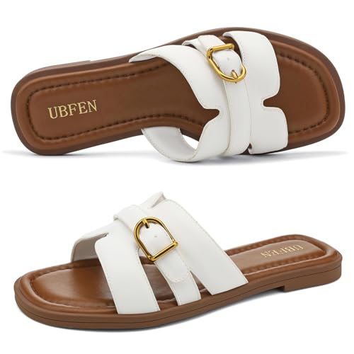 Image of UBFEN Womens Square Toe Flat Sandals Slides Dressy Comfortable for Beach