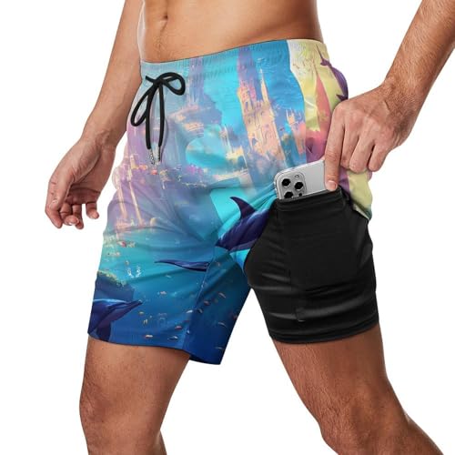 Underwater Castle Dolphins and Orcas Beach Shorts for Men Swim Trunks Quick Dry Swim Shorts with Compression Liner Pocket2