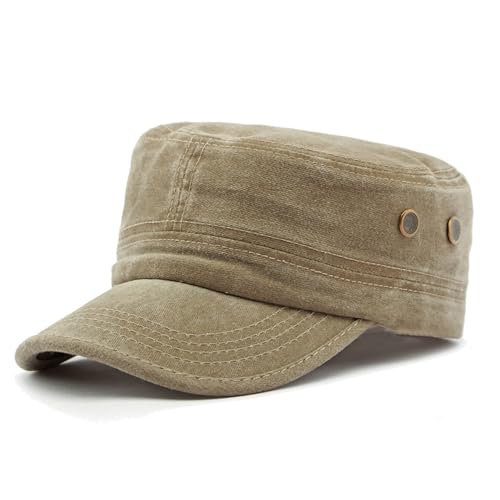 TECMIF Military Hats Washed Cotton Military Caps Cadet Army Cap Vintage Unisex Adjustable Flat Top Cap (AU, Alpha, One Size, Khaki)