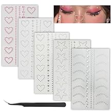 Self Adhesive Face Gems Pearls for Makeup, 5 Sheets 3D Star Heart Moon Shape Hair Jewels Diamonds with Tweezers, Bling Rhinestone Stickers for Crafts,Face,Nail White red