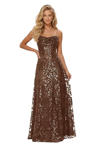 WENKAFO Women's Lace Sequins Prom Dress Ball Gown 2026 Cowl Neck Spaghetti Straps Long A-Line...