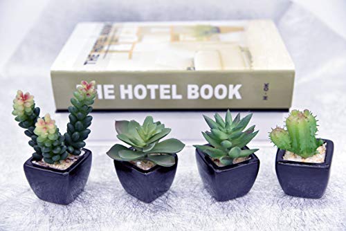PH Plantas suculentas falsas para el hogar en macetas artificiales en mini macetas cuadradas negras para la decoración del jardín del hogar Verde, macetas de cerámica, 4 piezas）