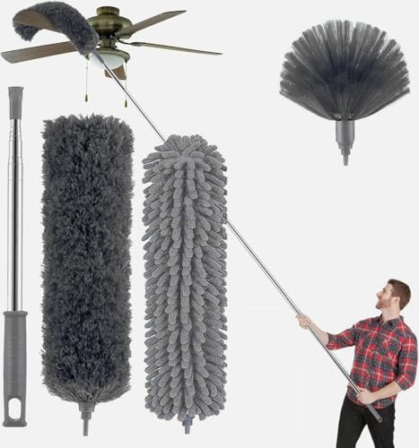 Image of 3 in 1 Microfiber Feather Duster 4PCS Set - Extendable Pole up to 100 Inches, Bendable & Washable Cleaning Brush for High Ceiling Fans, Cobwebs, Furniture & Home Dusting