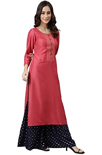 Image of Janasya Women's Pink Poly Silk Embroidered Straight Kurta