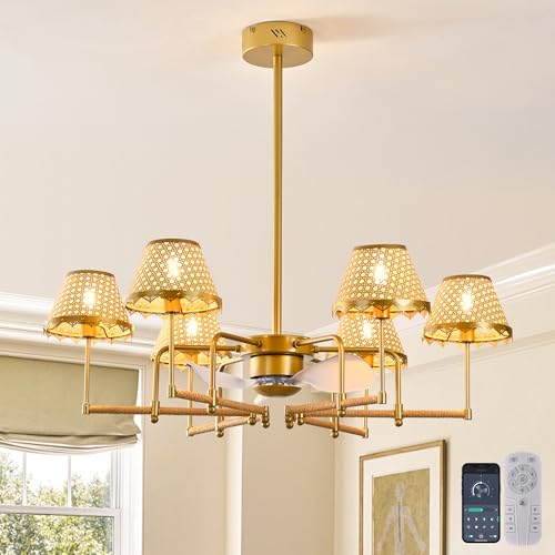 Image of Garwarm Ceiling Fan with Lights and Remote,Boho Rattan Chandelier Fandelier