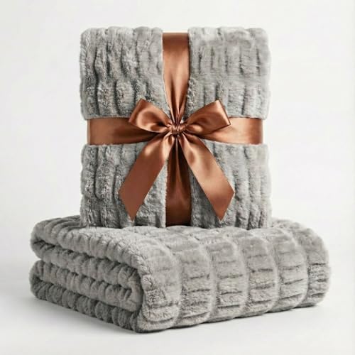 Luxury Concepts Soft Faux Rabbit Fur Throw Blanket - 50" x 60", Elegant Ruched Design Blanket, Machine Washable and Wrinkle Resistant, Light Grey Throw Blanket for Couch, Sofa and Bed