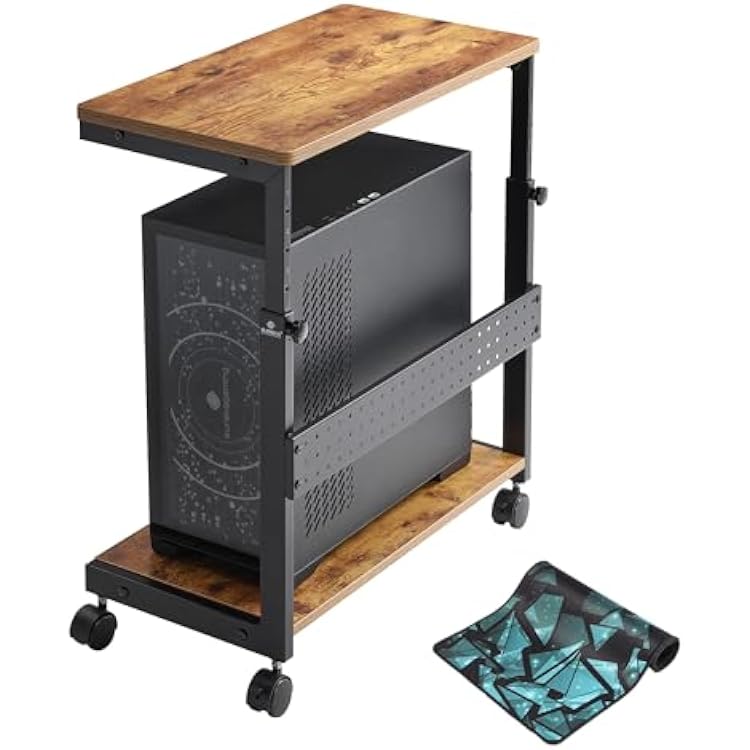EUREKA ERGONOMIC PC Stand Computer Cart, Height Adjustable Tower Stand 2-Tier Suit for ATX Case Printer, Metal Rolling Cart on Wheels for Gaming Home Office, Antique Wood