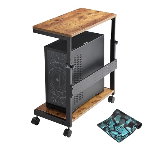 Image of EUREKA ERGONOMIC PC Stand Computer Cart, Height Adjustable Tower Stand 2-Tier Suit for ATX Case Printer, Metal Rolling Cart on Wheels for Gaming Home Office, Antique Wood