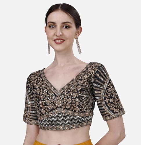Image of Pujia Mills Mills Women's Fancy Readymade Heavy Coding Embroidary Worked Half Sleeve Multicolor Saree Blouse(Mushroom)
