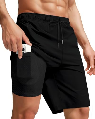 Image of Yufawow Men Swim Trunks with Compression Breathabe Liner Quick Dry Zipper Pockets for Board Beach Gym Running