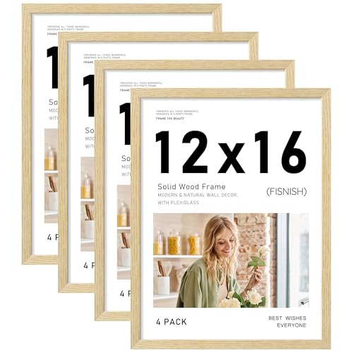 Image of 12x16 Picture Frame Set of 4, Natural Solid Wood Picture Frames, Display 12x16 Photos without Mat, Horizontal or Vertical Wall Mounting Poster Frame, Oak Wood Grain