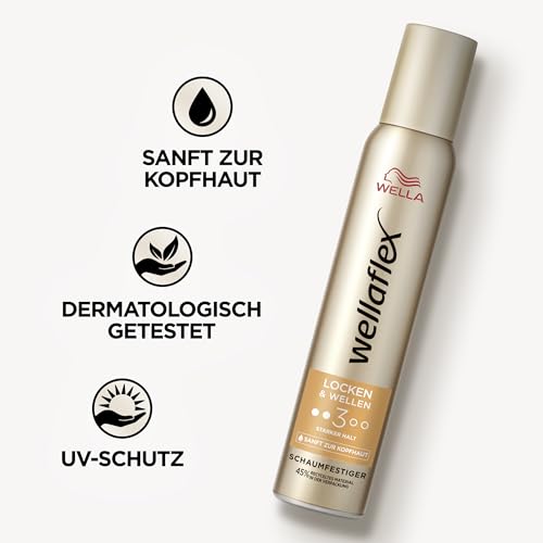 Wellaflex Locken & Wellen Schaumfestiger für Frauen | Bis zu 24 Std. starker Halt | Für schwungvolle Locken | Sanft zur Kopfhaut, dermatologisch getestet | Frei von Silikonen | Haltegrad 3 | 200ml
