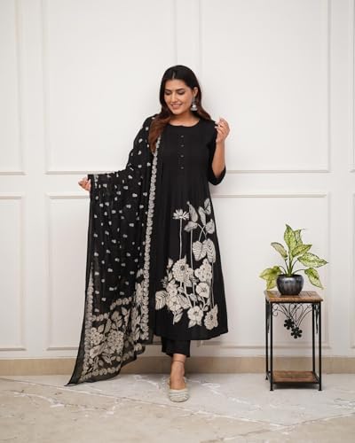 Image of GoSriKi Women's Viscose Anarkali Kurta Set with Dupatta | Anarkali Suit for Women Cotton | Kurta Palazzo Dupatta Set | 3 Piece Ethnic Wear for Festival & Party | Anarkali Suit for Women