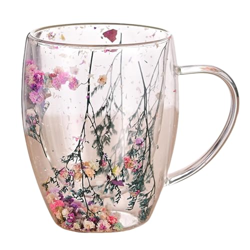 Yplkm Tasse Double Paroi Avec Fleurs Séchées, 350ml Verre Double Paroi, Tasse À Café En Verre À Double Paroi Avec Poignée Tasses À Expresso En Verre Transparent Pour Latte,Cappuccino,Expresso