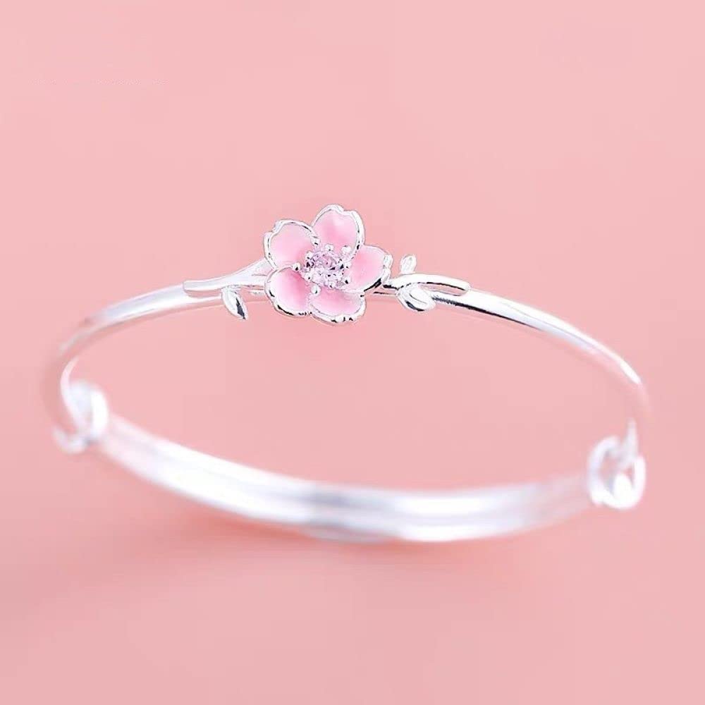 Armband Damen Silber,999 Sterling Silber Armband Rosa Kirschblüte Verstellbare Manschette Armreif Freundschaftsarmband Schmuck Geschenke Für Frau Freundin Zum Geburtstag