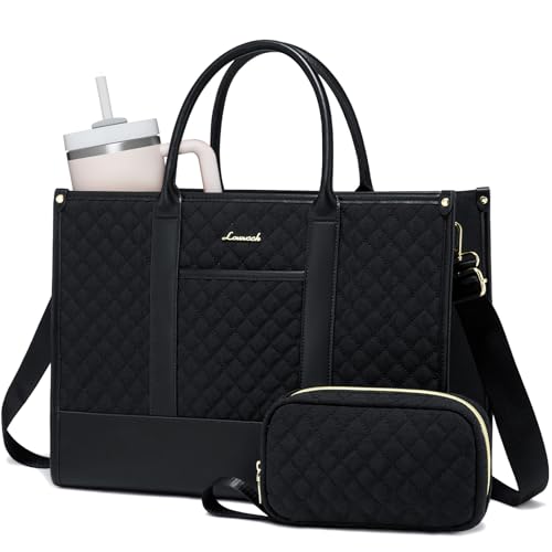 LOVEVOOK Laptop Bags for Women, 15.6 inch Waterproof Work Tote Bag with Clutch, Professional Teacher Computer Purse Lightweight Shoulder Bag Travel, Quilted Black