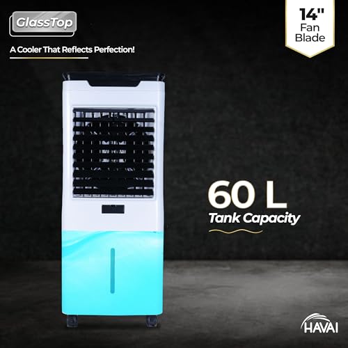 Image of Premium Glass Top GT 14 Air Cooler | 60L Tank Capacity | 14 inch Fan Blade | 170W Power | 20ft Air Throw | 3-Side Honeycomb Cooling | Sleek Glass Top Design | 4 Castor Wheels