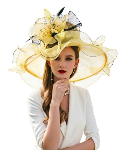ORIDOOR Women Organza Fascinator Church Kentucky Derby Hat Floral Tea Party Wedding Hat 003d Yellow One Size