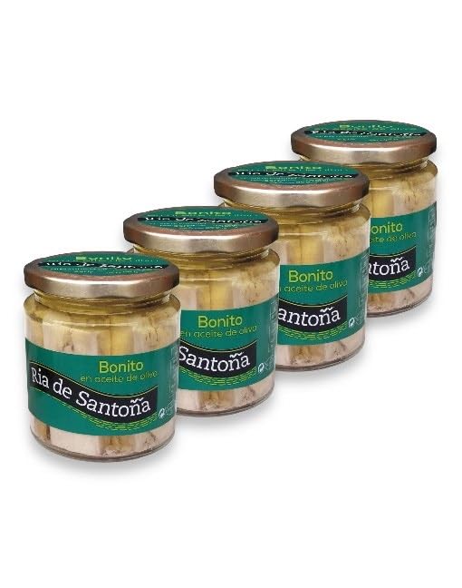 (PACK 4) Bonito del Norte en conservación Ría de Santoña 220 g, elaborado artesanalmente con bonito del Cantábrico, envasado en aceite de oliva virgen extra y sal, con frescura y sabor excepcional.